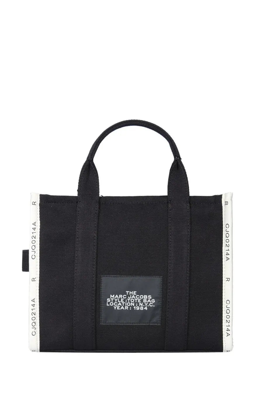 Black Marc Jacobs style tote bag with white ribbed side panels and central black label for everyday use
