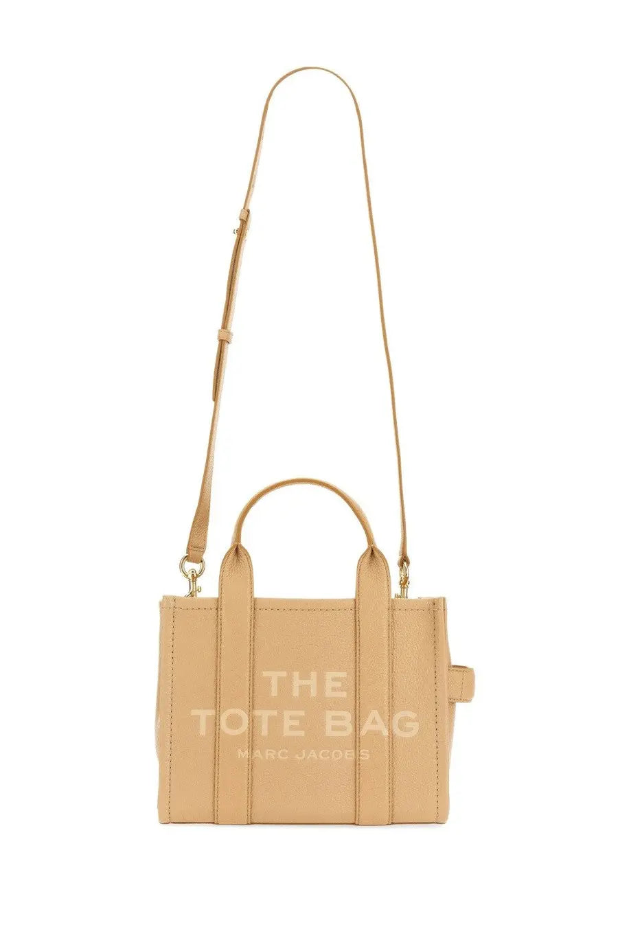 Beige leather marc jacobs the tote small handbag with gold-tone hardware and top handles for women