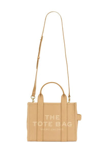 Beige leather marc jacobs the tote small handbag with gold-tone hardware and top handles for women