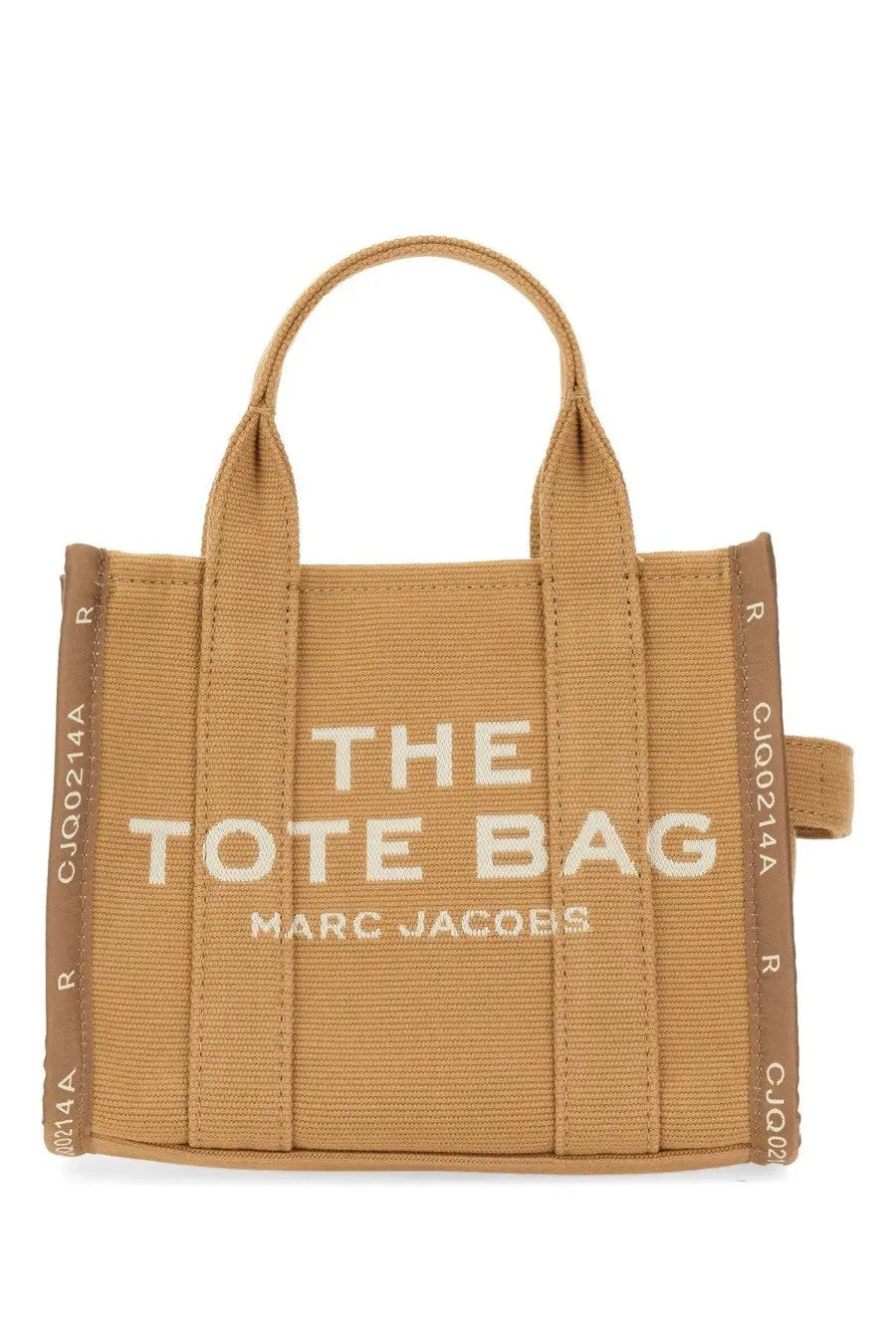 Tan canvas marc jacobs women’s borsa the tote small beige bag with white embroidery reinforced handles and printed side panels