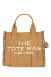 Tan canvas marc jacobs women’s borsa the tote small beige bag with white embroidery reinforced handles and printed side panels