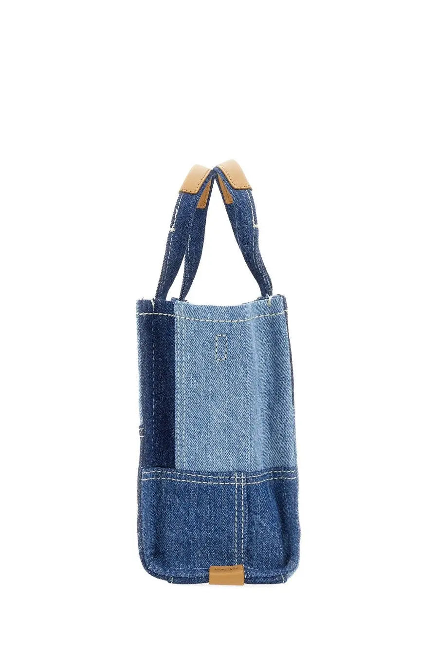Marc jacobs women’s borsa the tote small blue denim patchwork tote bag with contrasting blue tones and tan leather accents