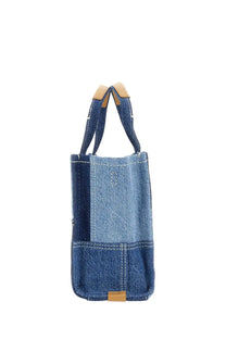 Marc jacobs women’s borsa the tote small blue denim patchwork tote bag with contrasting blue tones and tan leather accents