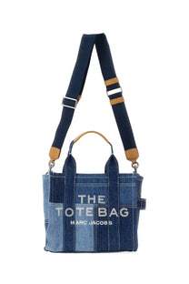 Denim patchwork tote bag with navy blue straps and tan leather accents by Marc Jacobs women borsa the tote small blue
