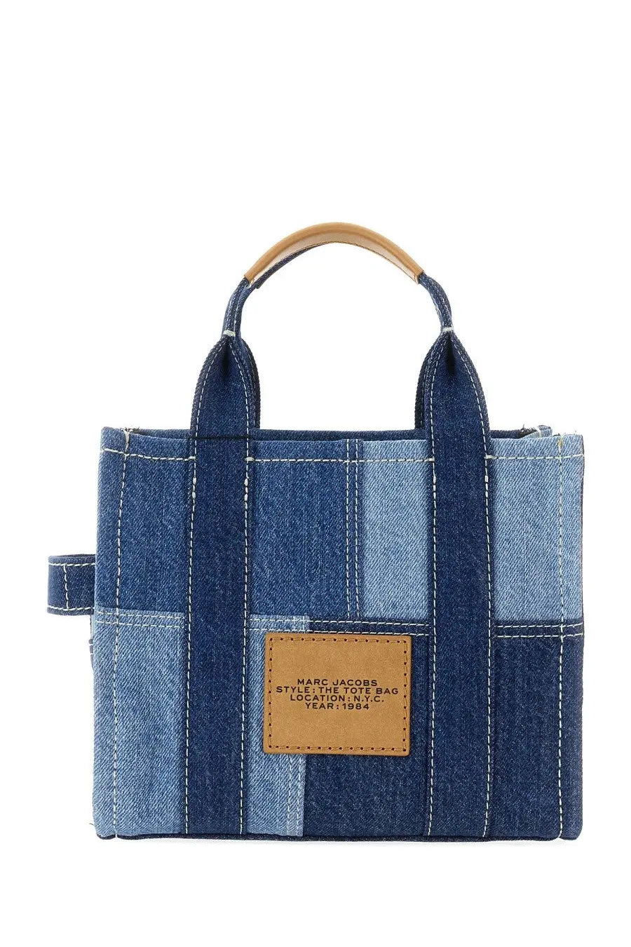 Marc Jacobs women’s borsa the tote small blue denim patchwork tote bag with contrasting stitching and tan leather label