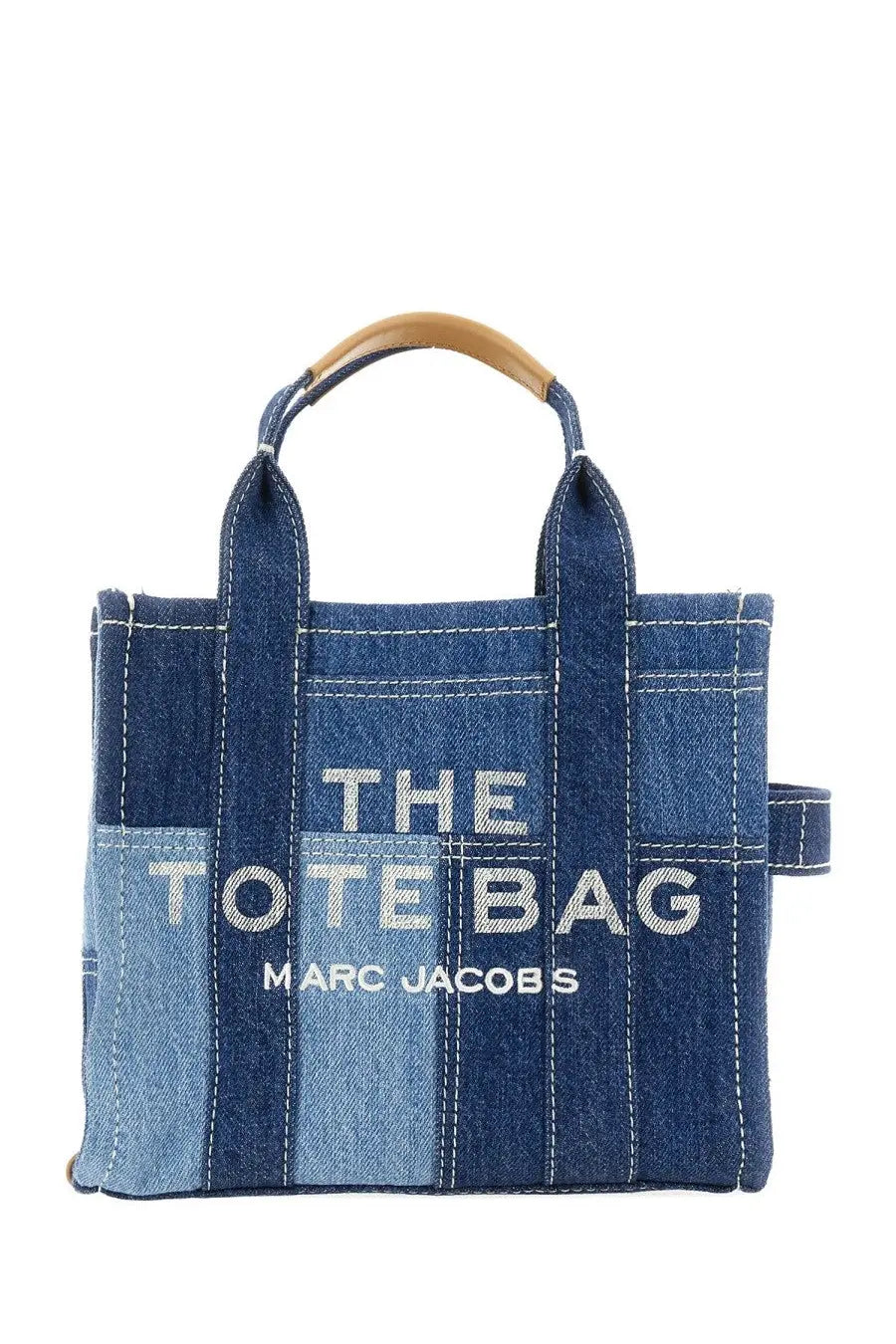 Denim patchwork tote bag with wooden handles and white embroidered Marc Jacobs branding in blue color