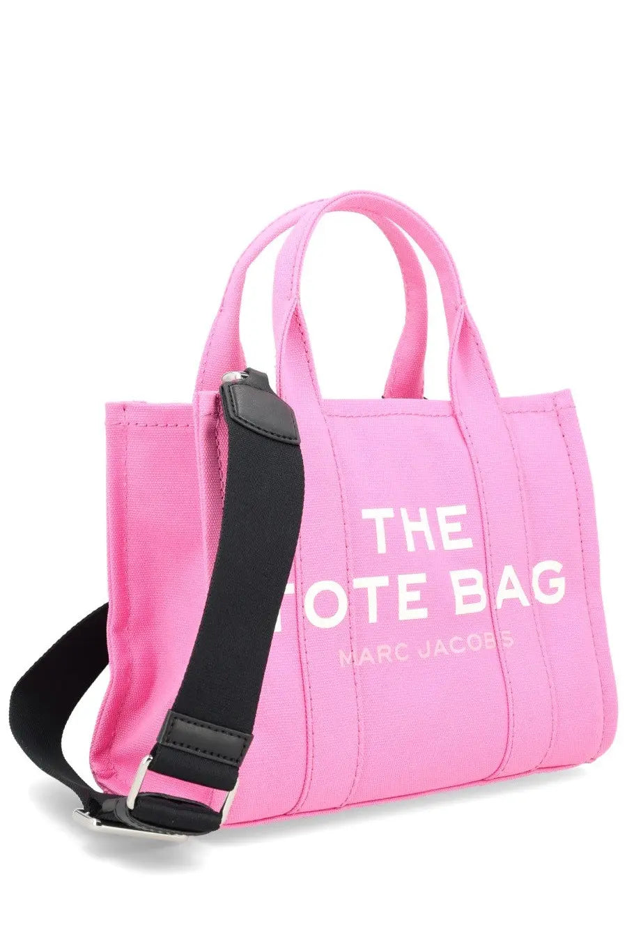 Pink canvas marc jacobs tote bag with black handles and white the tote bag lettering for women