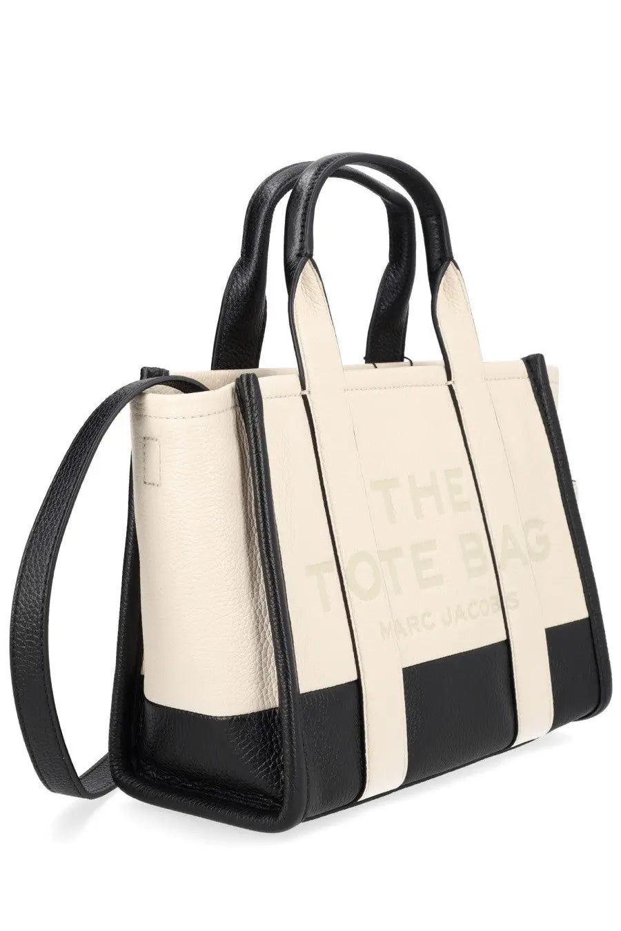 Marc Jacobs women’s Borsa tote small cream and black leather bag with embossed the tote bag branding