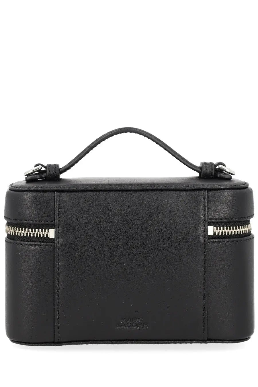 Black leather marc jacobs women’s borsa vanity makeup case with silver zippers and top handle