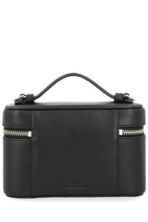 Black leather marc jacobs women’s borsa vanity makeup case with silver zippers and top handle