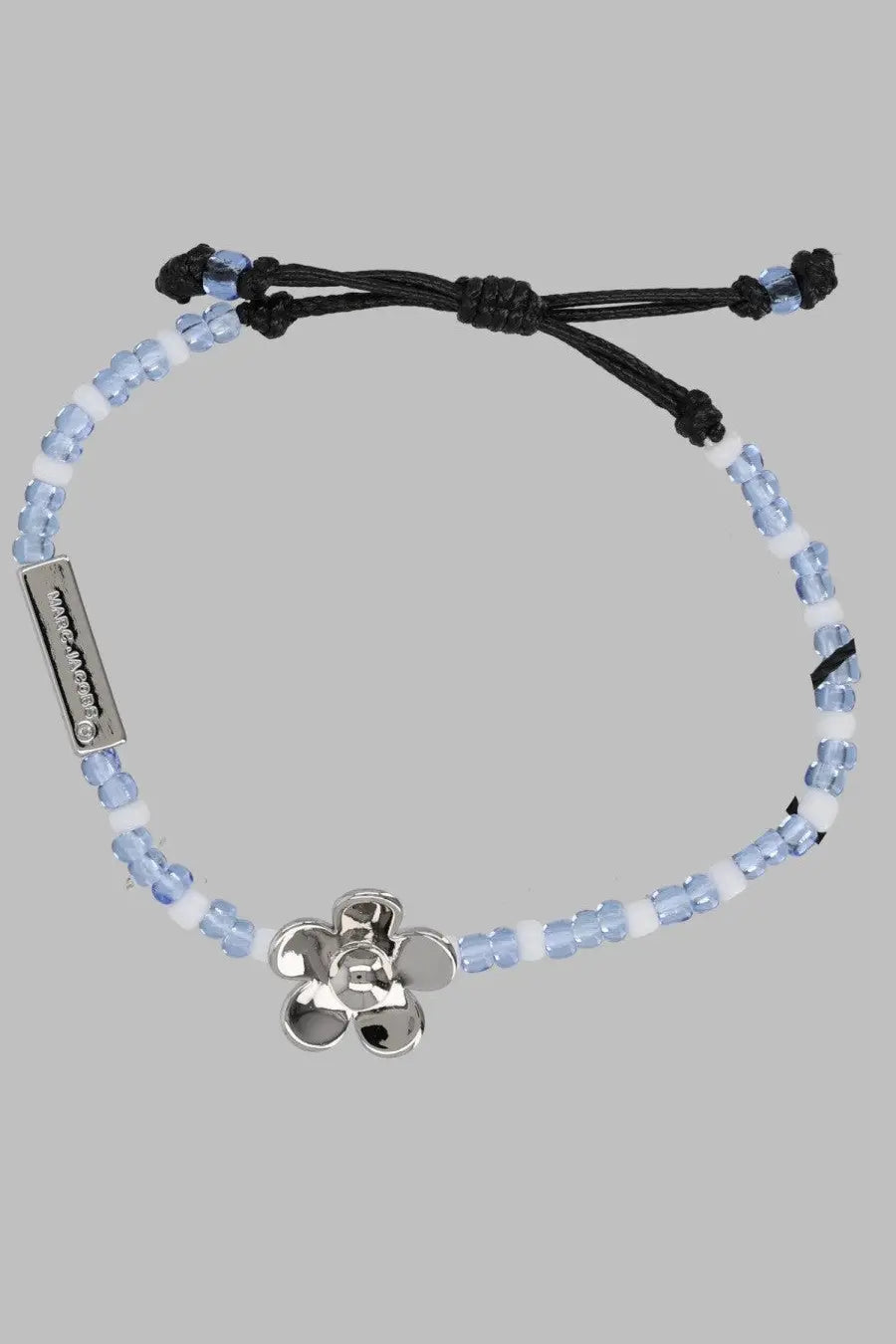 Marc Jacobs women’s bracciale daisy multicolor bracelet with light blue white glass beads silver flower charm and black cord ties