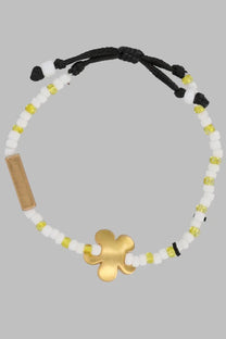Marc Jacobs women’s bracciale daisy multicolor black cord bracelet with white yellow beads gold four leaf clover charm and tag
