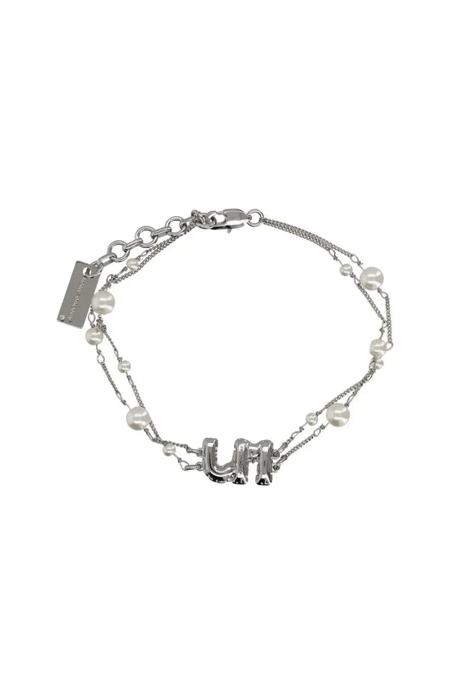 Marc Jacobs women’s silver chain bracelet with central um letter charm and scattered white pearls in bracciale pearl design