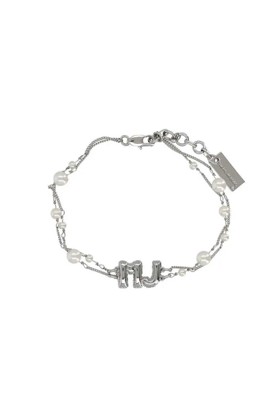 Silver-toned marc jacobs women’s bracelet with central mj initial charm accented by white pearls and delicate chain links