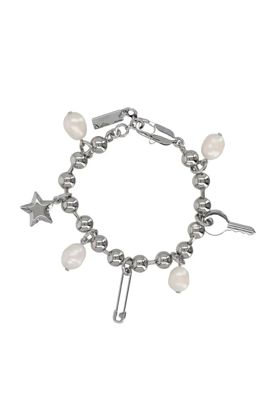 Marc Jacobs women’s bracciale punk beauty silver beaded charm bracelet with white pearls star key and safety pin