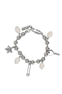Marc Jacobs women’s bracciale punk beauty silver beaded charm bracelet with white pearls star key and safety pin