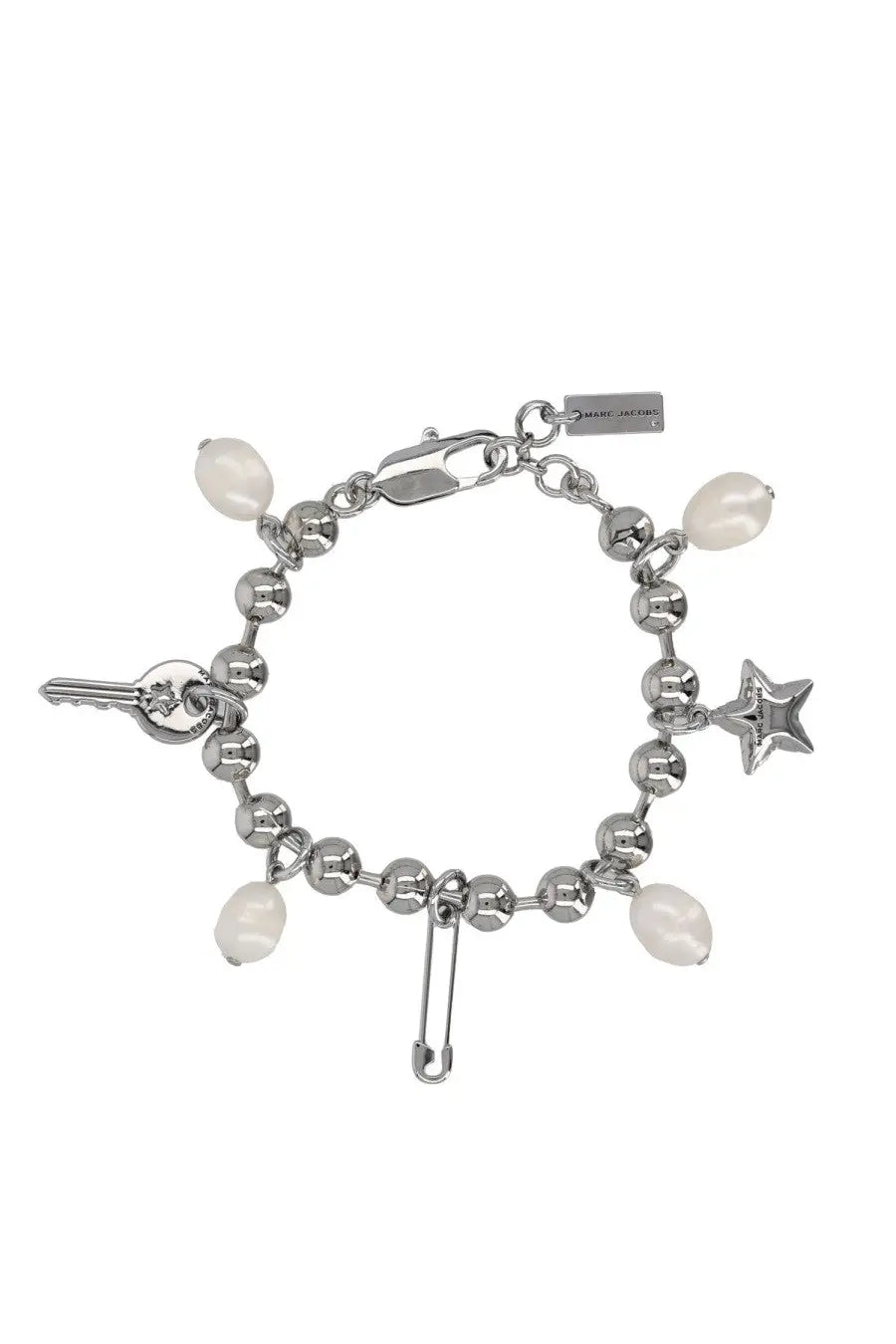 Marc Jacobs women’s silver charm bracelet with spherical beads white pearls key star and safety pin charms