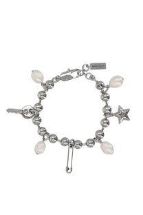 Marc Jacobs women’s silver charm bracelet with spherical beads white pearls key star and safety pin charms