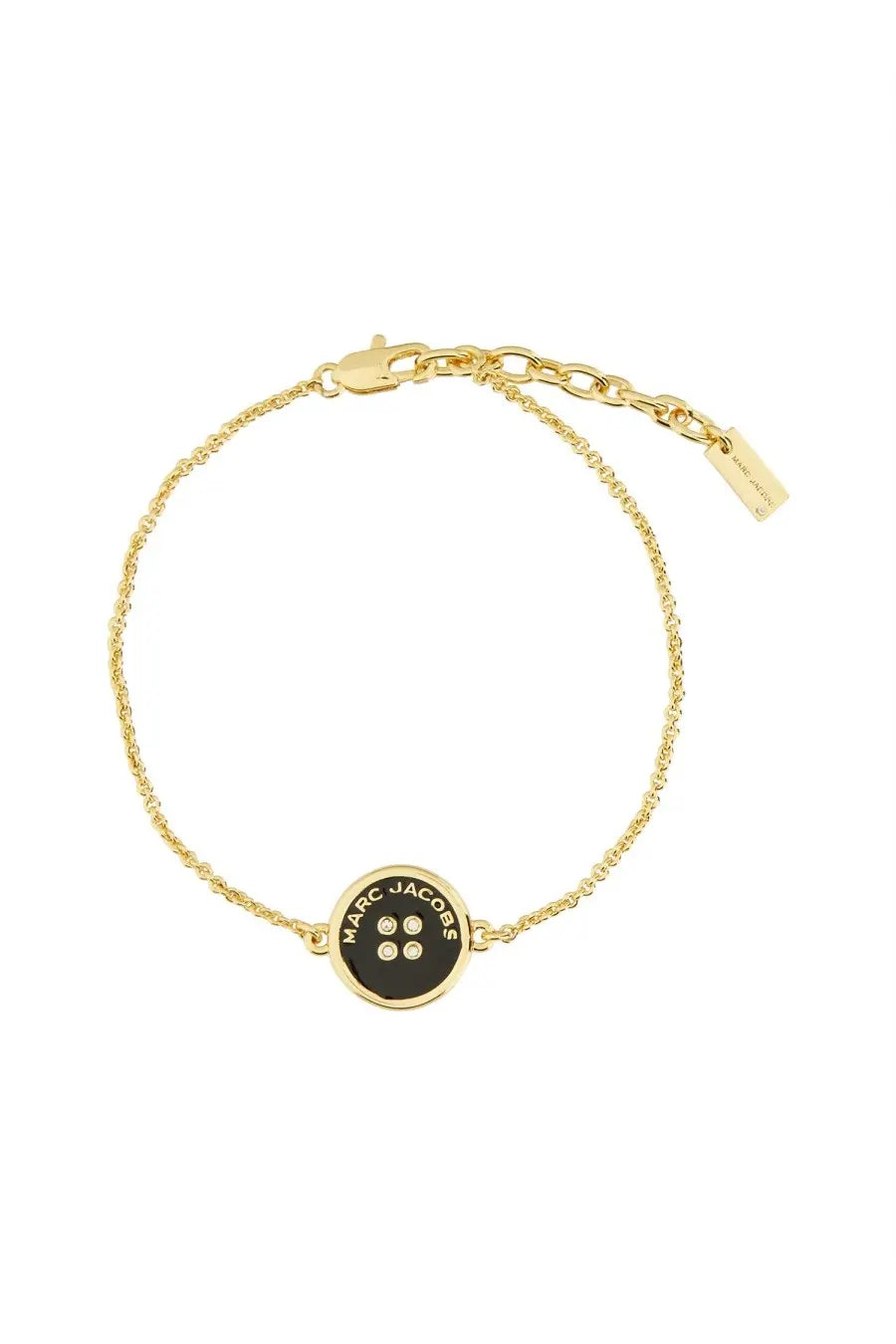 Marc Jacobs women’s gold-tone chain bracelet with circular black button charm and four clear stones