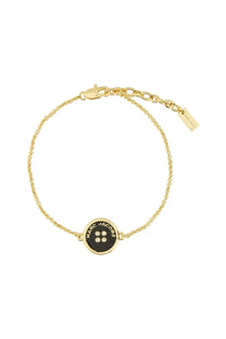 Marc Jacobs women’s gold-tone chain bracelet with circular black button charm and four clear stones