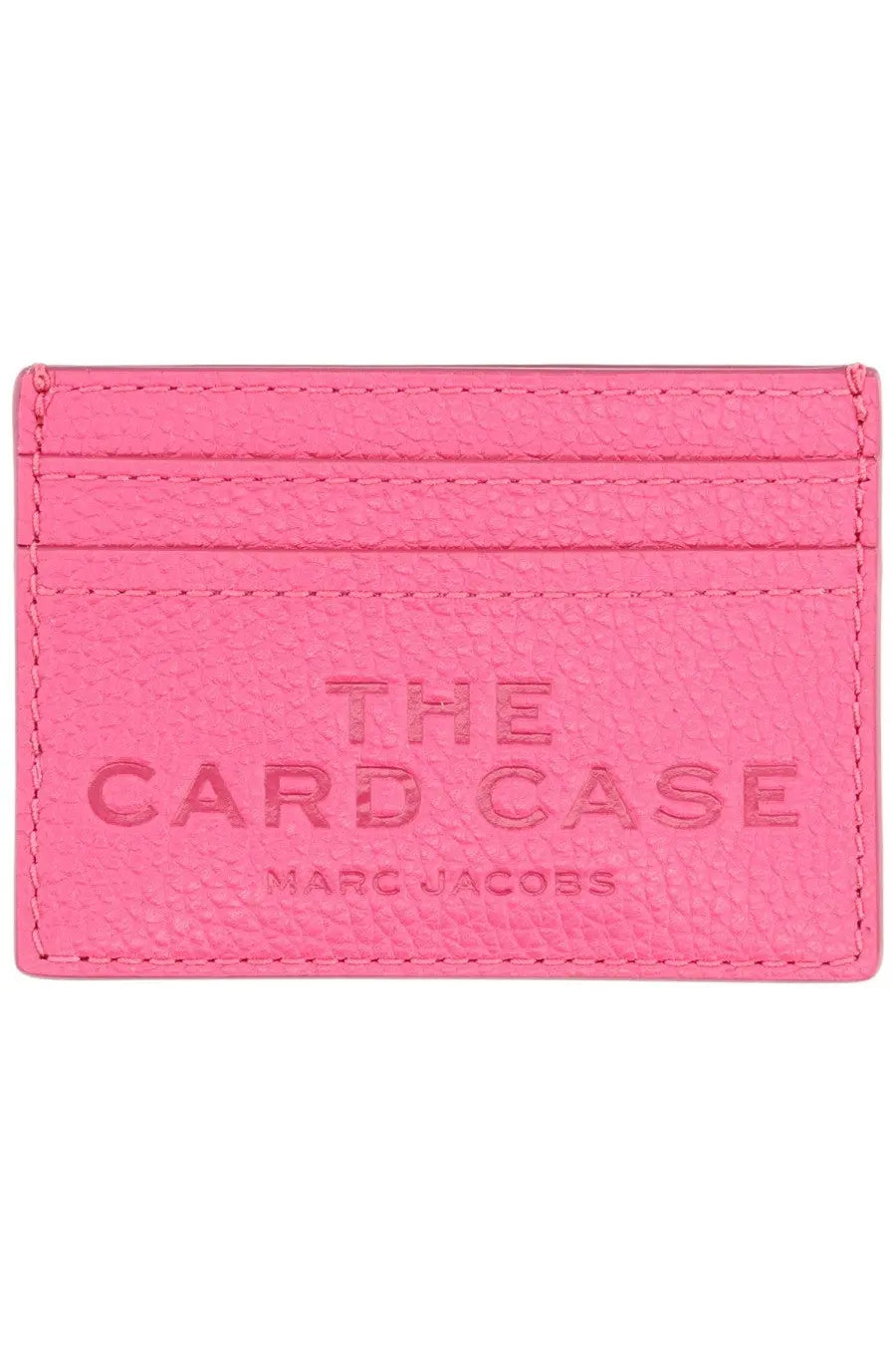 A vibrant pink leather card case embossed with the card case and marc jacobs branding for women