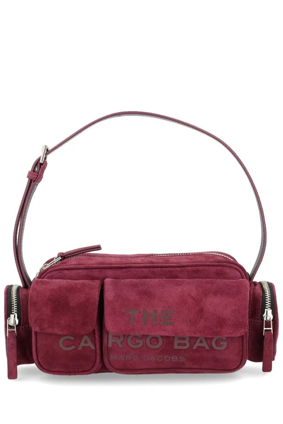 Marc Jacobs women’s the cargo bag in burgundy suede with curved top handle and embossed front flap branding