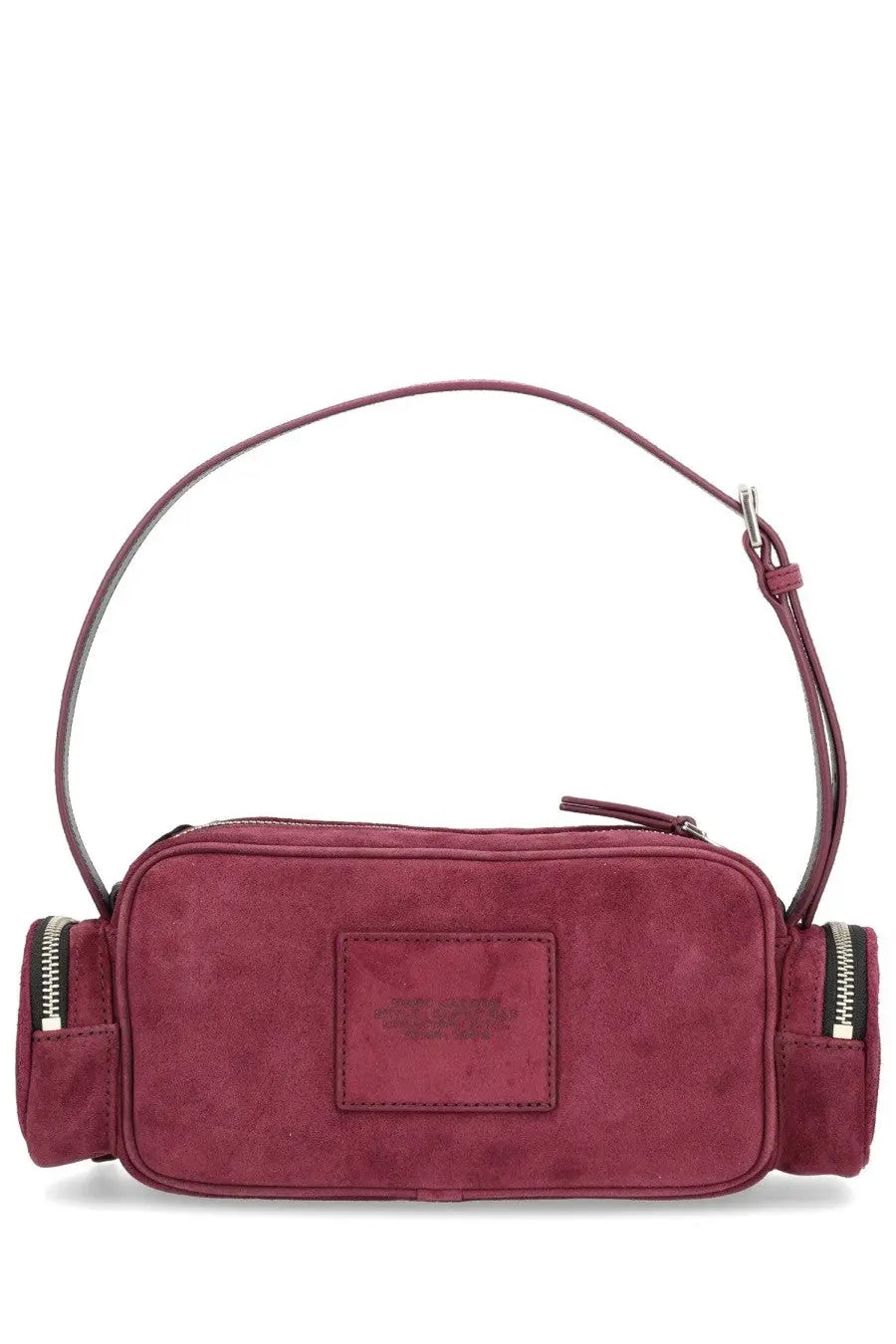 Marc Jacobs women’s the cargo bag red is a burgundy suede rectangular crossbody with zippers on both sides and a matching strap