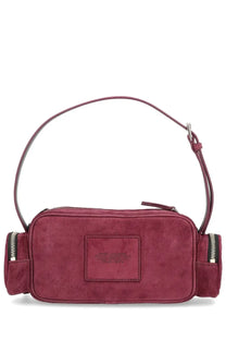 Marc Jacobs women’s the cargo bag red is a burgundy suede rectangular crossbody with zippers on both sides and a matching strap