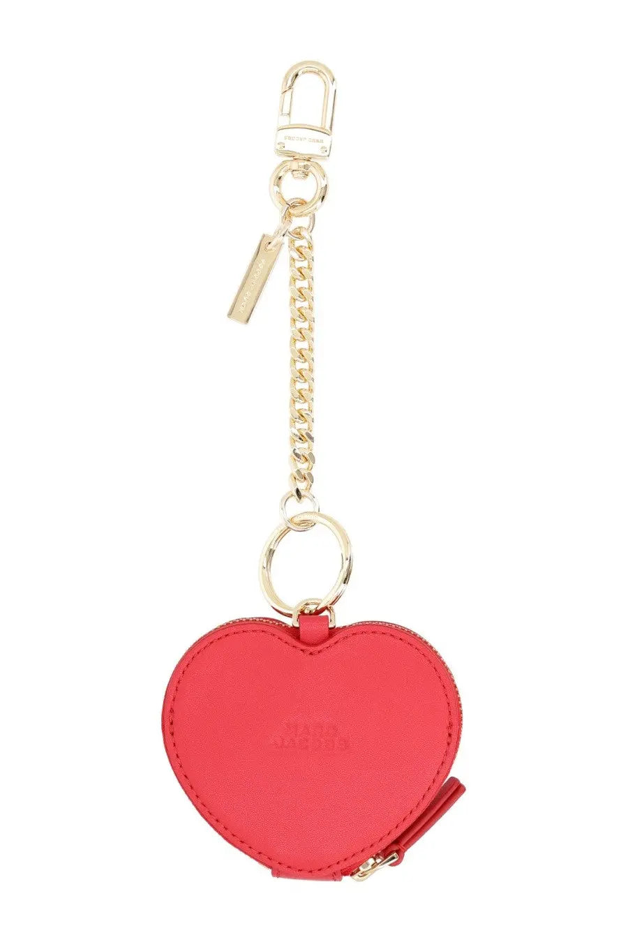 Marc Jacobs women’s charm heart pouch bag in vibrant red with gold-tone chain and subtle edge stitching