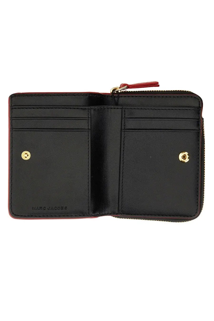 Black leather marc jacobs women’s the compact mini wallet with red zipper pull and gold-tone hardware