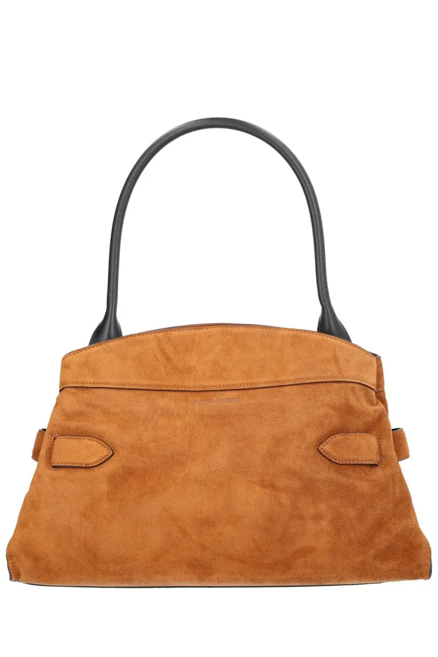 Marc Jacobs women’s the Dakota satchel bag in beige tan suede with black leather handles and flap closures