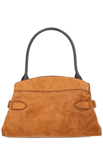 Marc Jacobs women’s the Dakota satchel bag in beige tan suede with black leather handles and flap closures