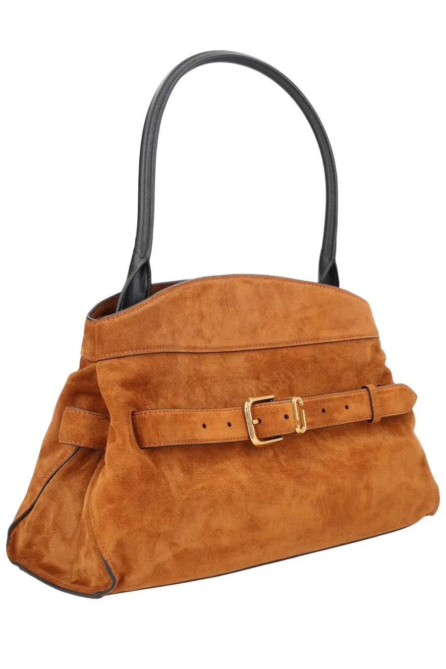 Marc Jacobs women’s the Dakota satchel bag beige tan suede with black leather handles and gold-tone hardware belt strap