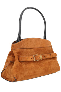 Marc Jacobs women’s the Dakota satchel bag beige tan suede with black leather handles and gold-tone hardware belt strap