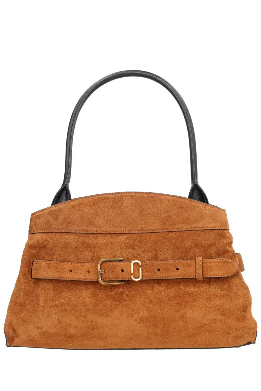 Marc Jacobs women’s the dakota satchel bag beige tan suede handbag with black handles and gold-tone buckle belt detail