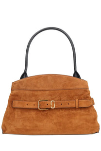 Marc Jacobs women’s the dakota satchel bag beige tan suede handbag with black handles and gold-tone buckle belt detail