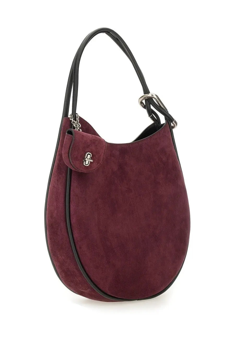 Marc Jacobs women’s the dual hobo large bag brown in burgundy suede with black leather trim and silver logo clasp