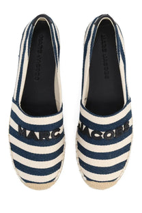 Marc Jacobs women’s espadrilla flats in blue and white striped tela with marc jacobs branding on the side