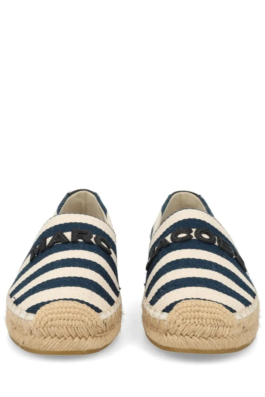 Marc jacobs women’s espadrilla slip-on shoes in navy and white striped tela with black embroidered branding