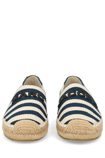 Marc jacobs women’s espadrilla slip-on shoes in navy and white striped tela with black embroidered branding