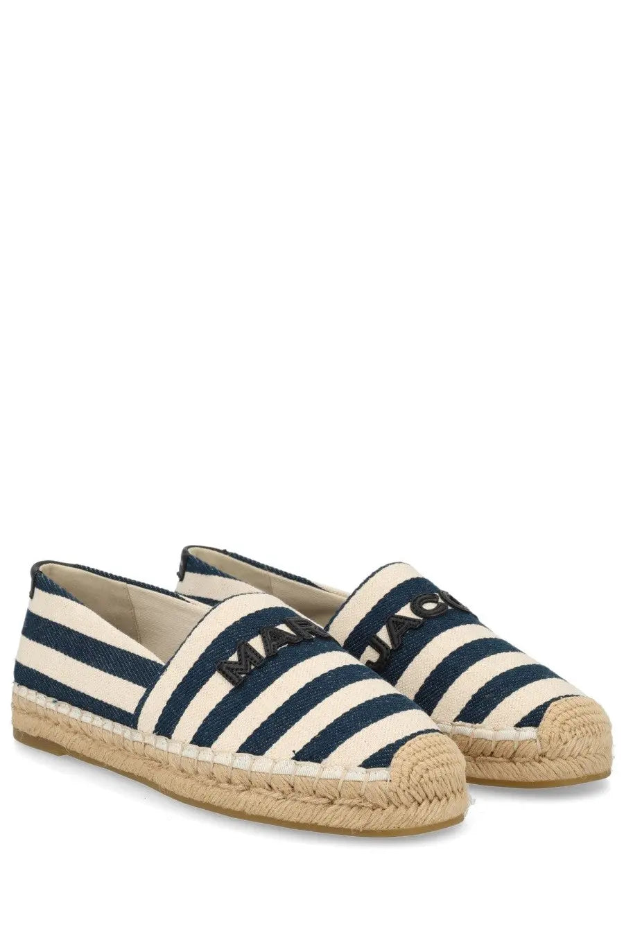 Marc Jacobs women’s espadrilla slip-ons in navy and white stripes with woven jute sole and embroidered brand name