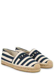 Marc Jacobs women’s espadrilla slip-ons in navy and white stripes with woven jute sole and embroidered brand name