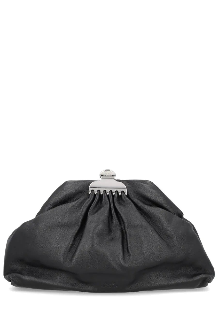 Marc Jacobs women’s black satin clutch bag with silver-toned clasp perfect for glamorous occasions
