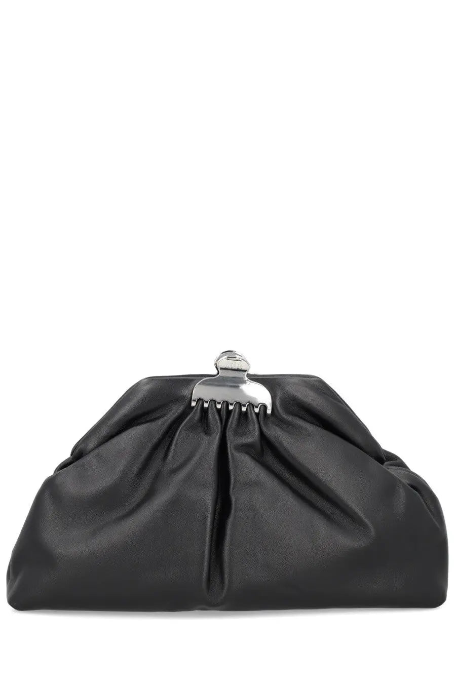 Marc Jacobs women’s black satin clutch bag with a silver-toned clasp for elegant evening use