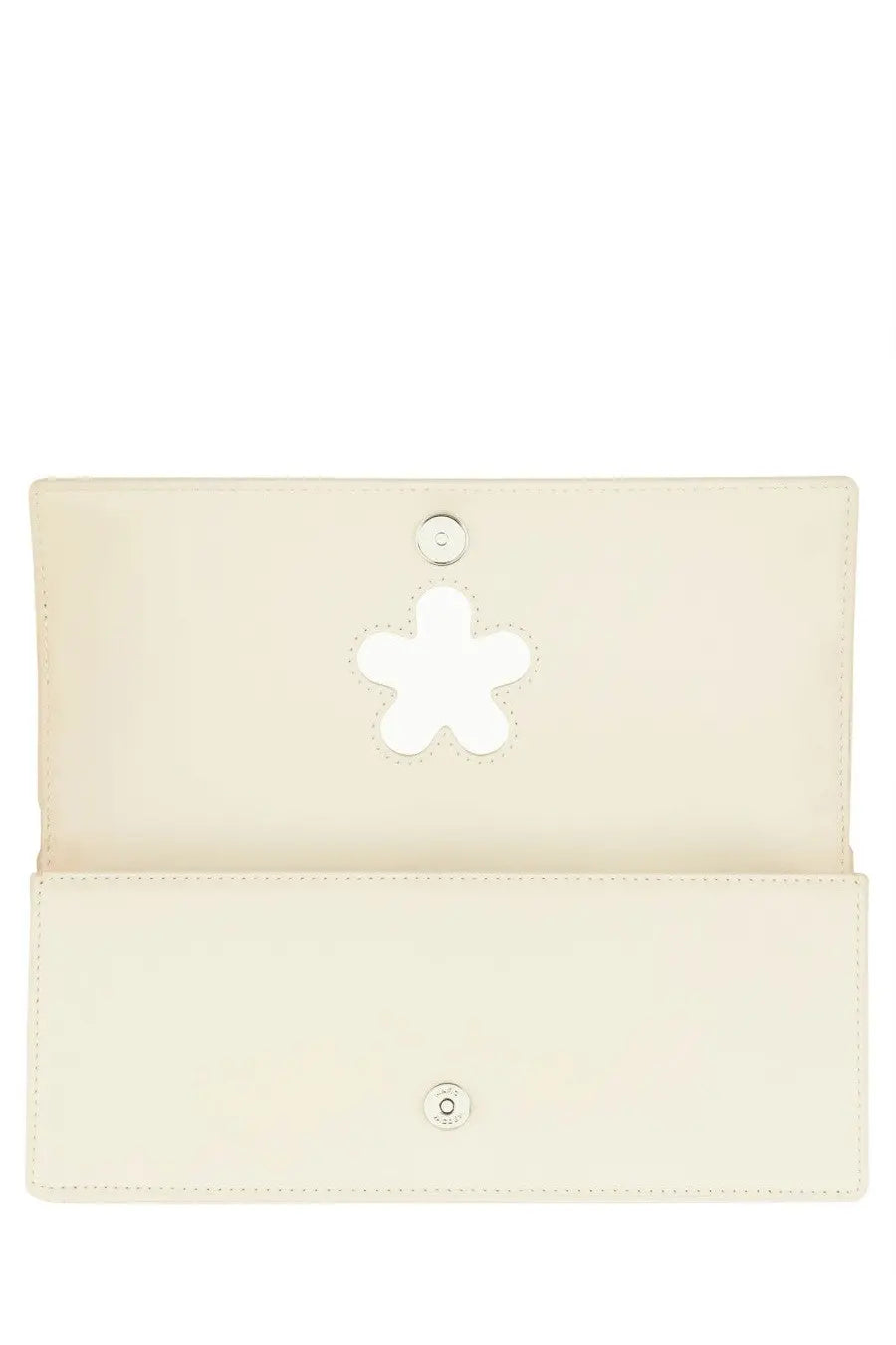 Cream-colored leather clutch with white flower cutout and silver hardware from Marc Jacobs womens the Glam Mirror Bag white