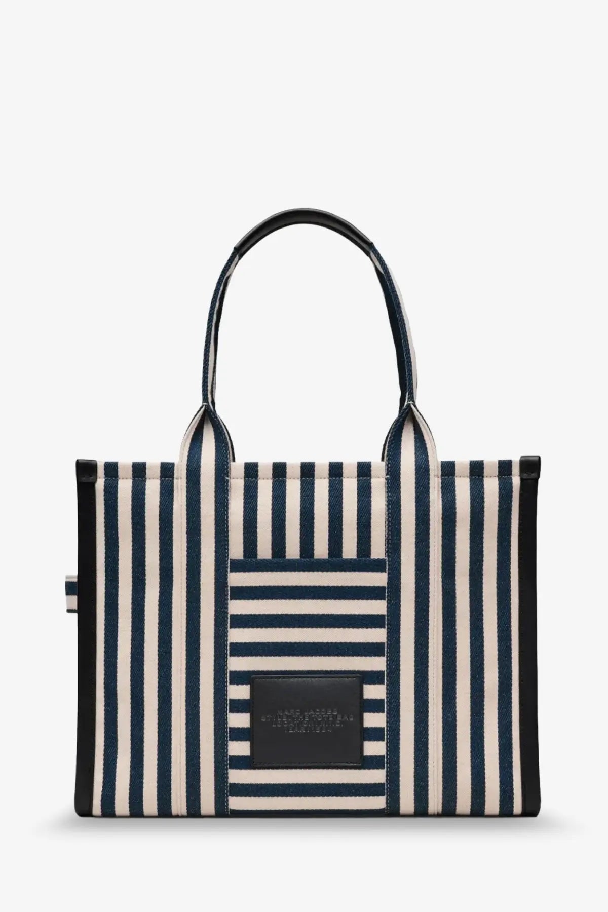 Marc Jacobs women’s the large tote canvas handbag in navy and cream stripes with black leather handles and trim