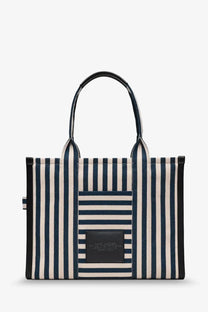 Marc Jacobs women’s the large tote canvas handbag in navy and cream stripes with black leather handles and trim