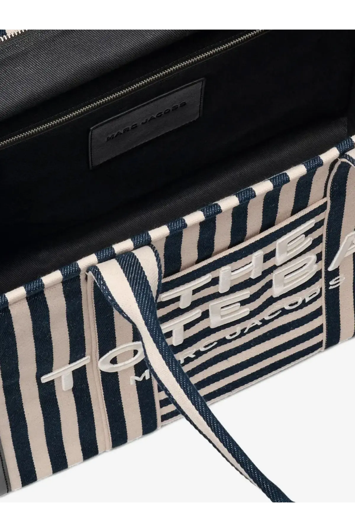 Marc Jacobs women’s the large tote canvas handbag in navy and cream stripes with bold white lettering