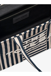 Marc Jacobs women’s the large tote canvas handbag in navy and cream stripes with bold white lettering