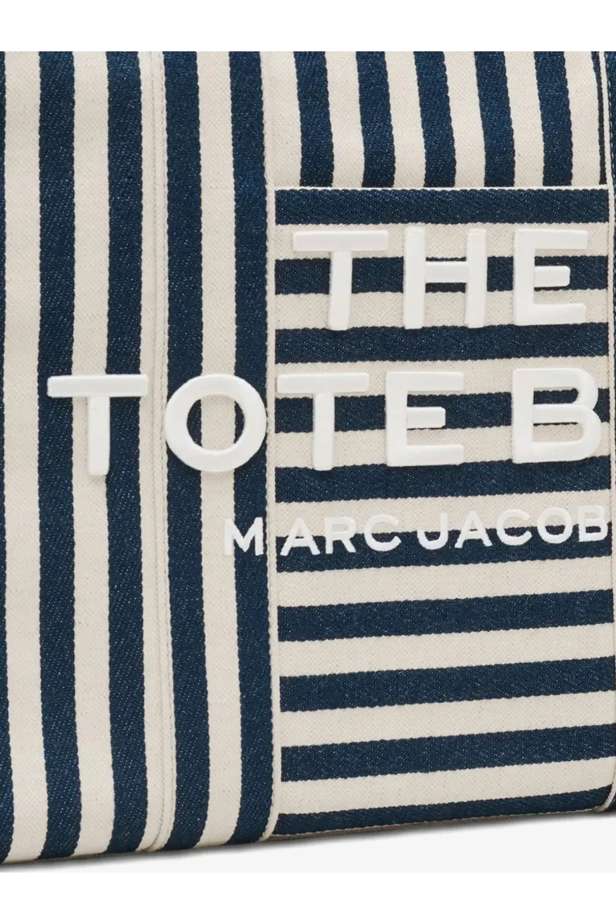 Marc Jacobs women’s large navy and white striped canvas tote bag with bold white 3D lettering on front